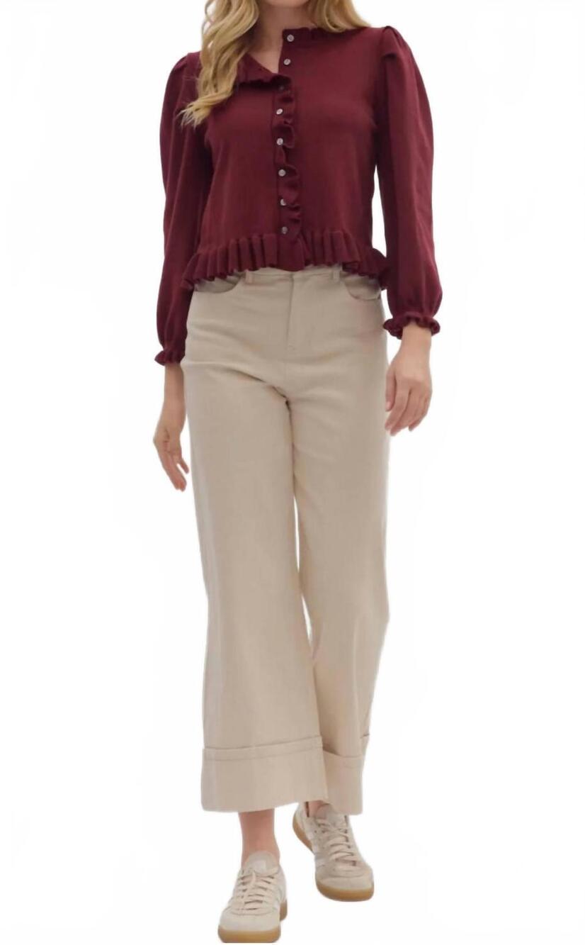 NEW ENTRO button front ruffled cardigan in maroon